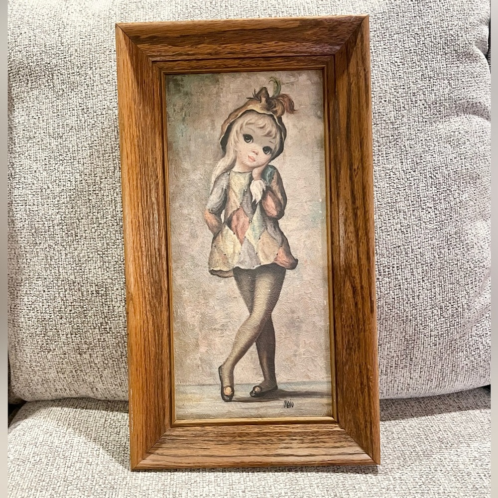 Vintage 1960s Maio Big Eye Harlequin Girl Framed Litho Print MCM Kitsch Art